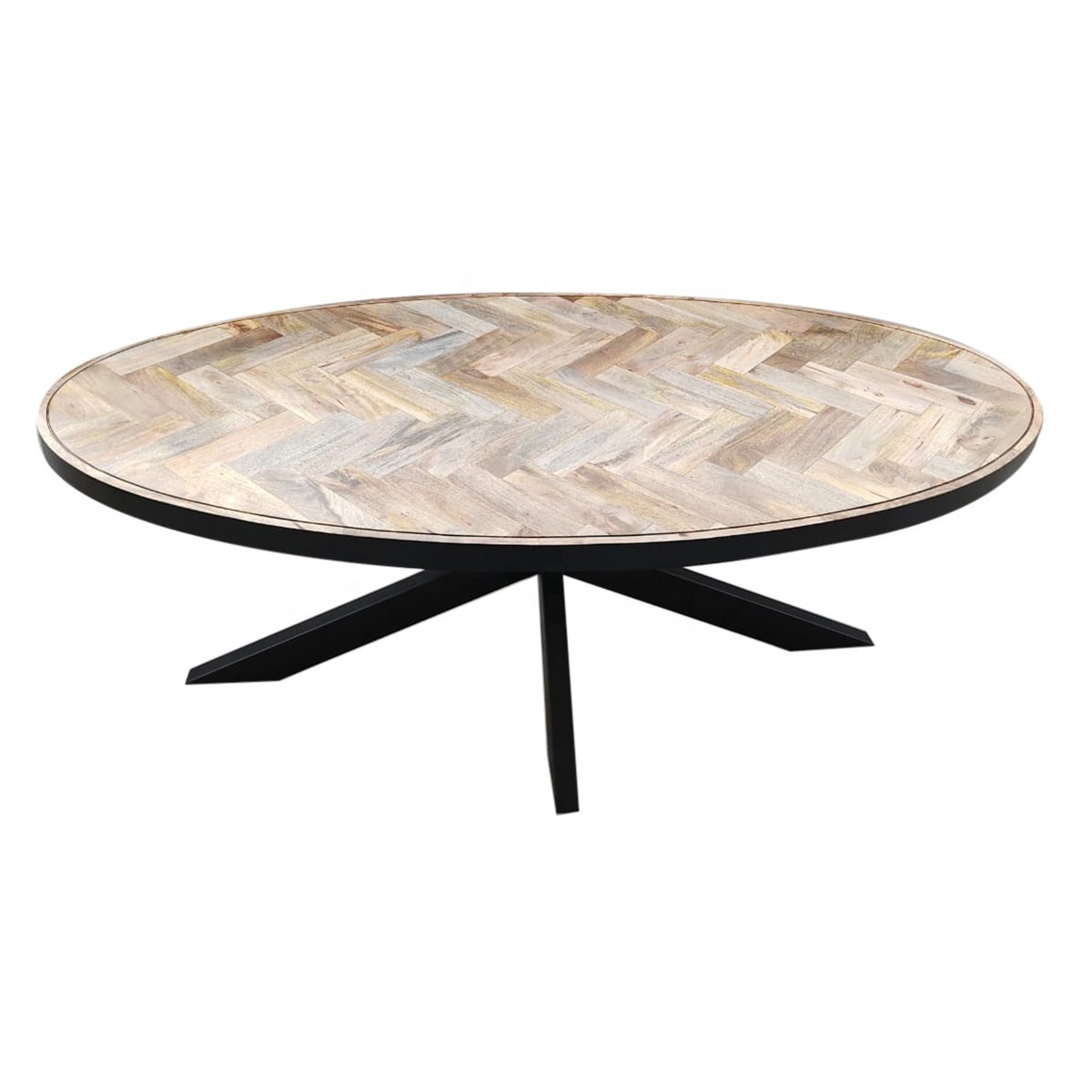 2023 Modern Design Oval Herringbone Dining Table Set Natural Herringbone Table Top with Steel Metric Legs