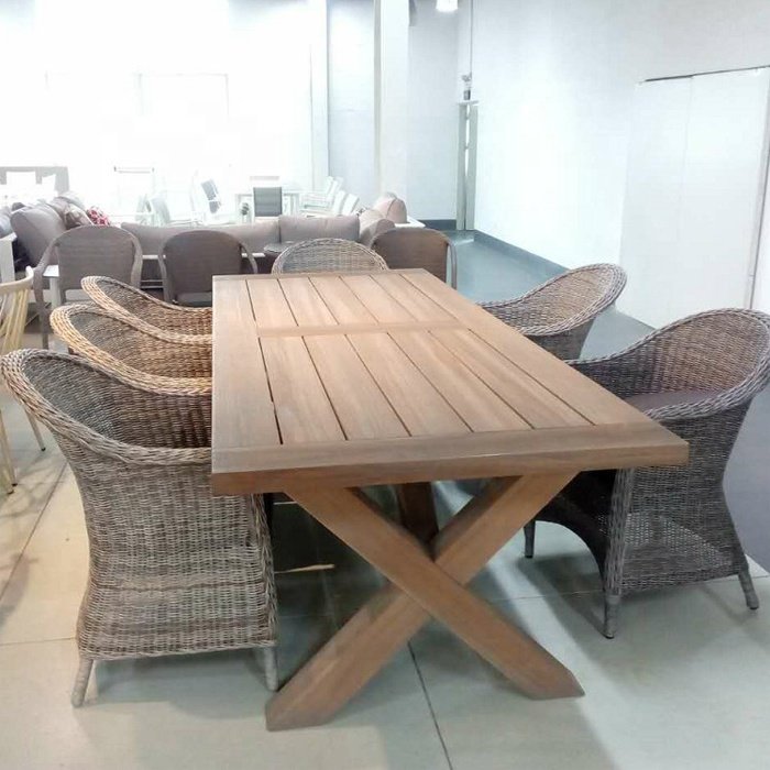 indoor and outdoor all weather teak long dining table rattan wicker waving chair 12 seaters big size dining set