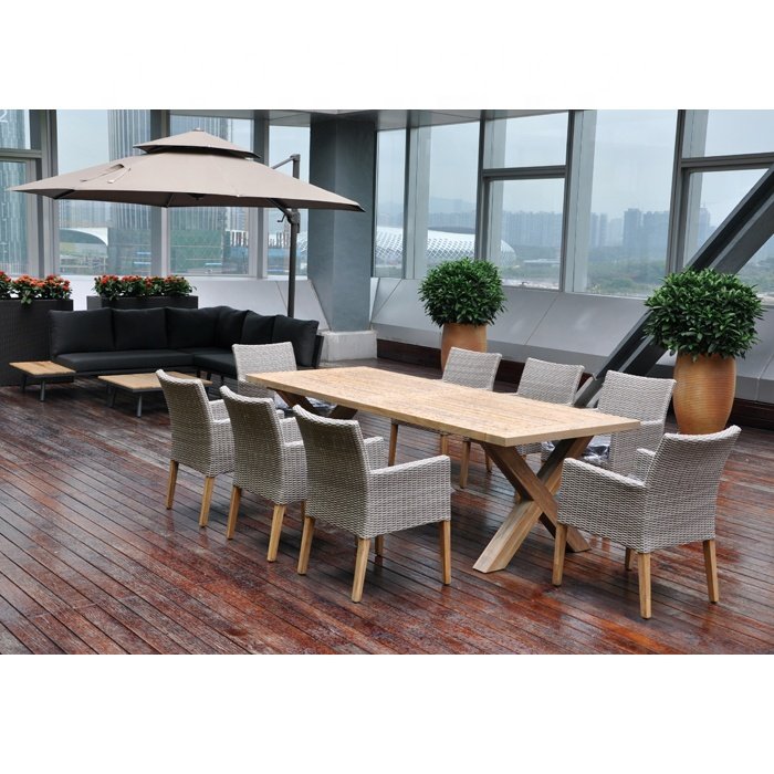 indoor and outdoor all weather teak long dining table rattan wicker waving chair 12 seaters big size dining set