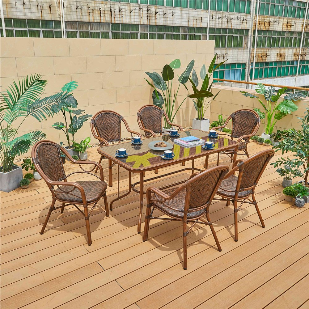 PE Rattan Wood Grain Garden Patio Table Hot Selling Waterproof Aluminum Frame PE garden set outdoor furniture