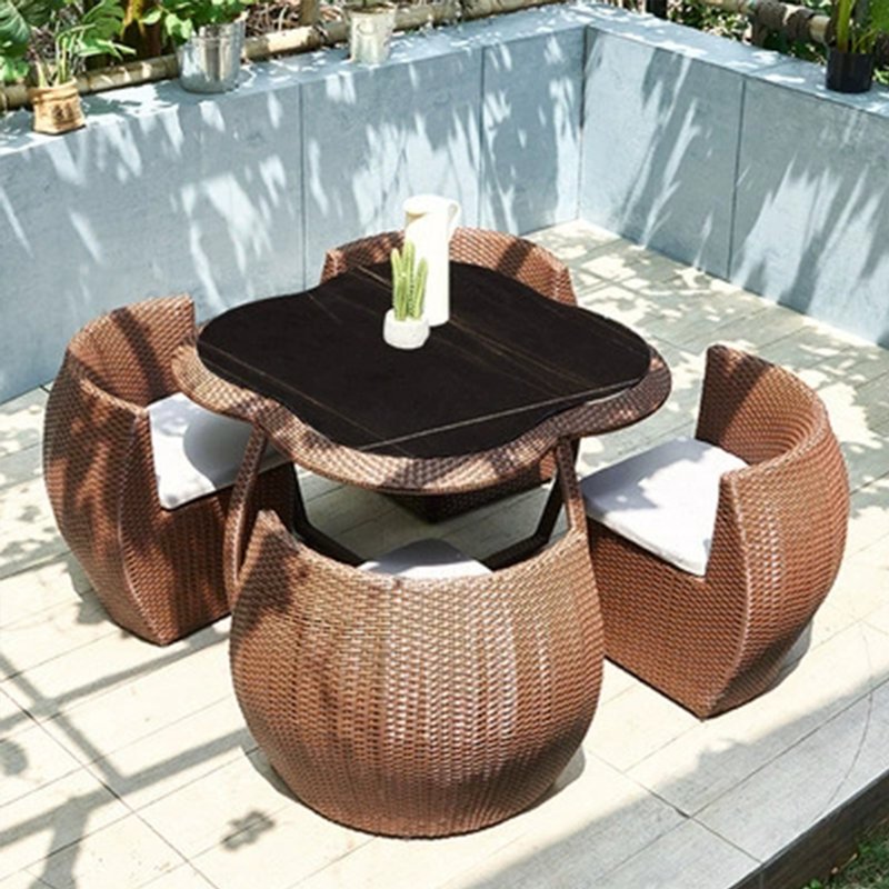 Color and backrest can be customized space-saving rattan furniture outdoor dining table and chair set