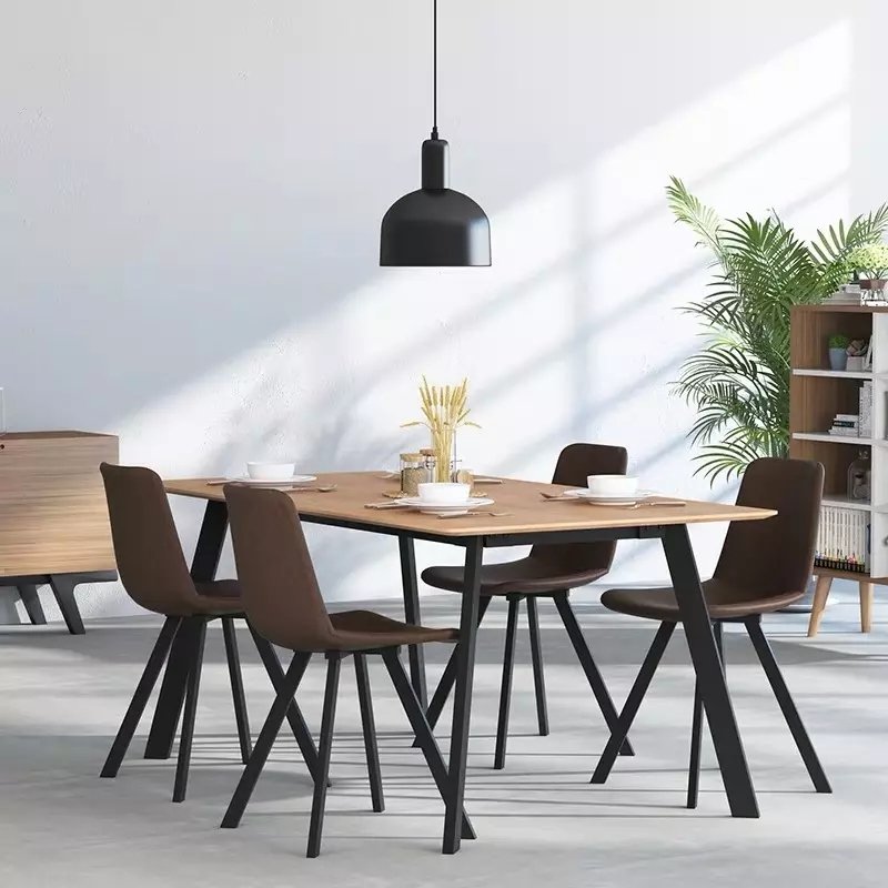 Factory Hot Sale Contemporary Dining Table and 4 Seaters Wooden Top Metal Frame Kitchen Dining Set