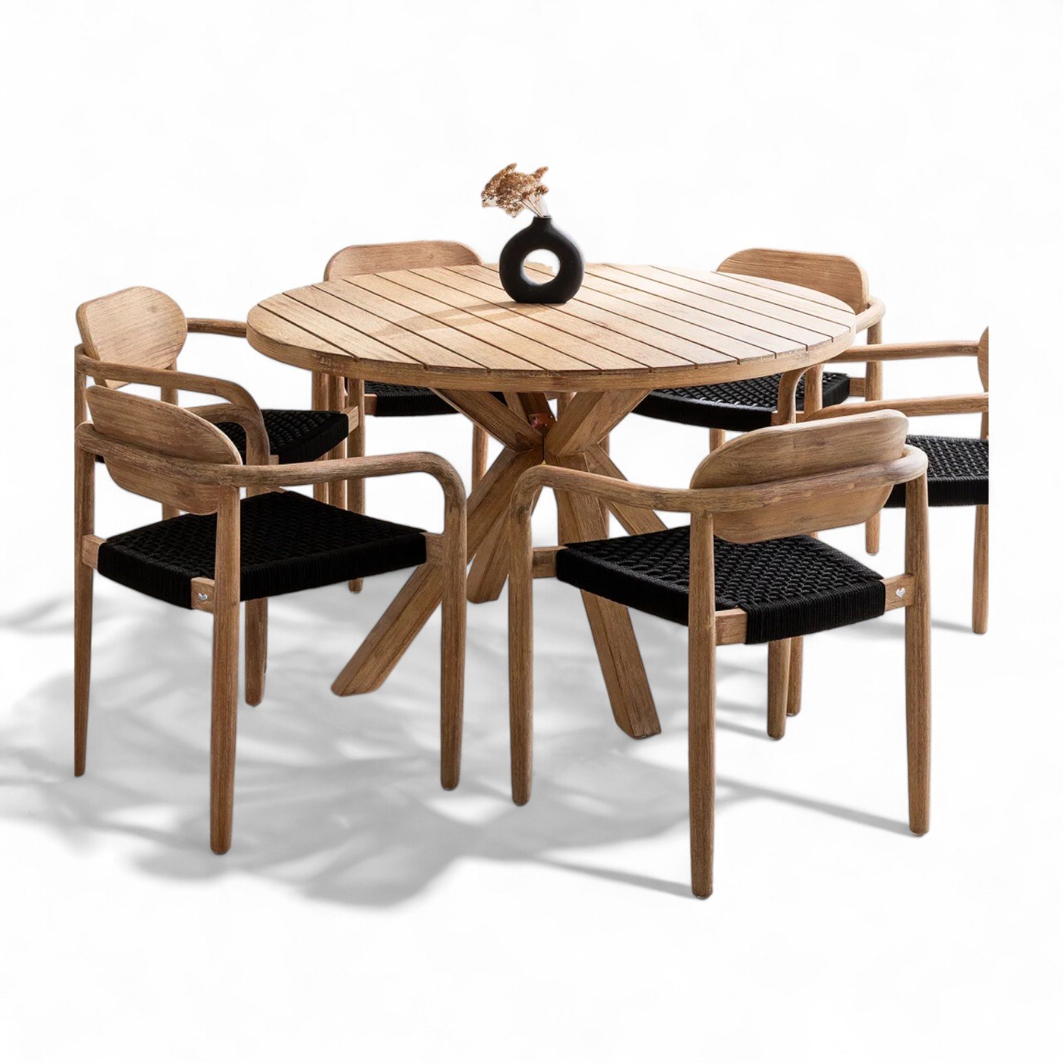 Hotel Teak Wood Round Table and Chairs in Rustic Whitewash Finish for Outdoor Patio Garden Dining Modern Restaurant Cafe Set Use
