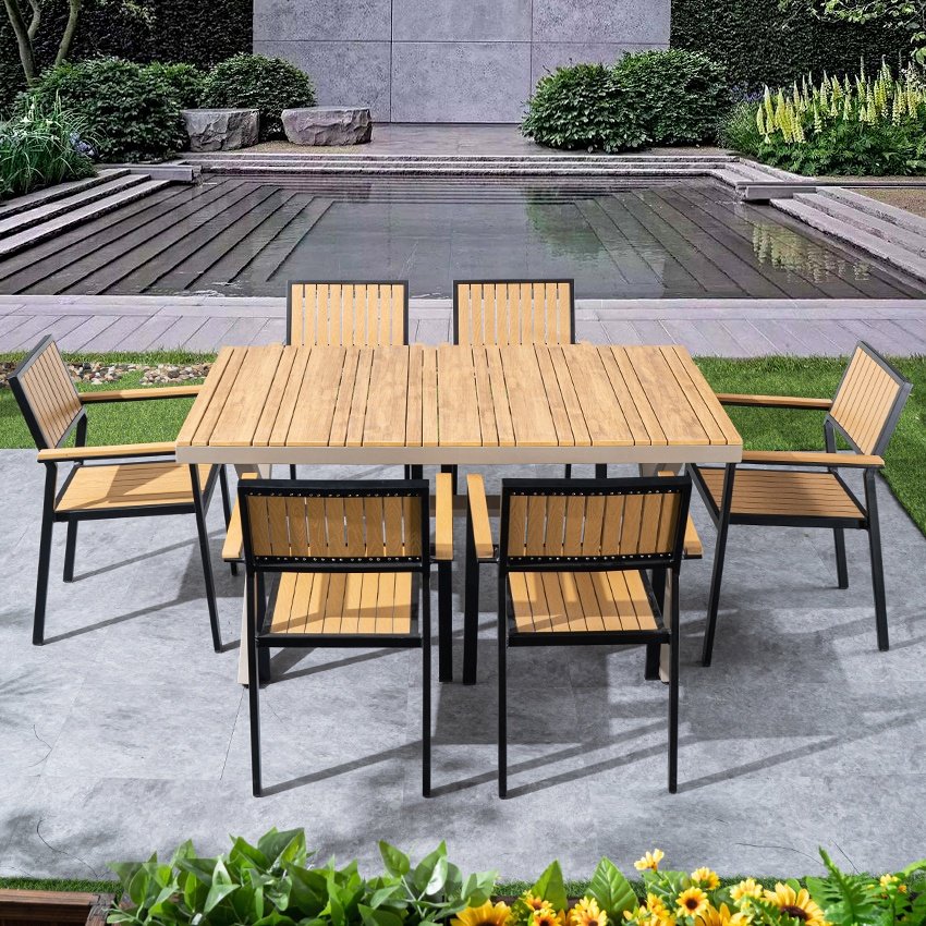 Wholesale restaurant modern patio commercial dining garden plastic wood table set