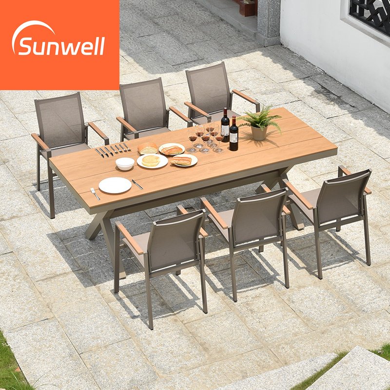 Restaurant Furniture 8 Persons Outdoor Aluminum Garden Sets Waterproof Teak Wood Patio Dining Table And Chairs Set