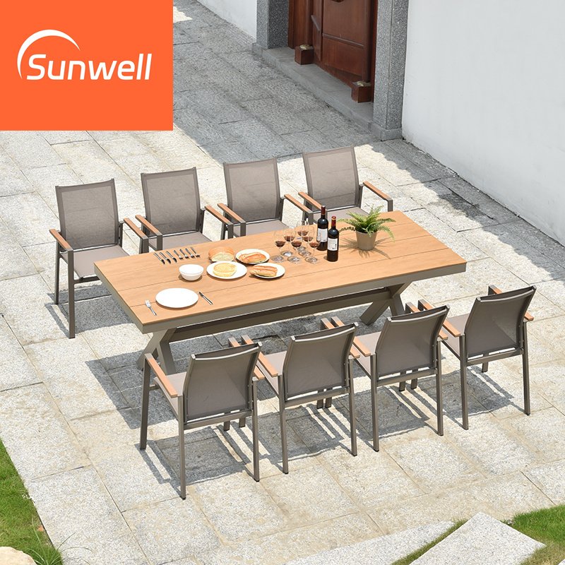 Restaurant Furniture 8 Persons Outdoor Aluminum Garden Sets Waterproof Teak Wood Patio Dining Table And Chairs Set