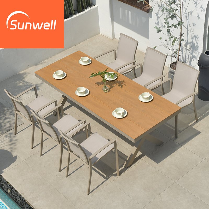 Restaurant Furniture 8 Persons Outdoor Aluminum Garden Sets Waterproof Teak Wood Patio Dining Table And Chairs Set
