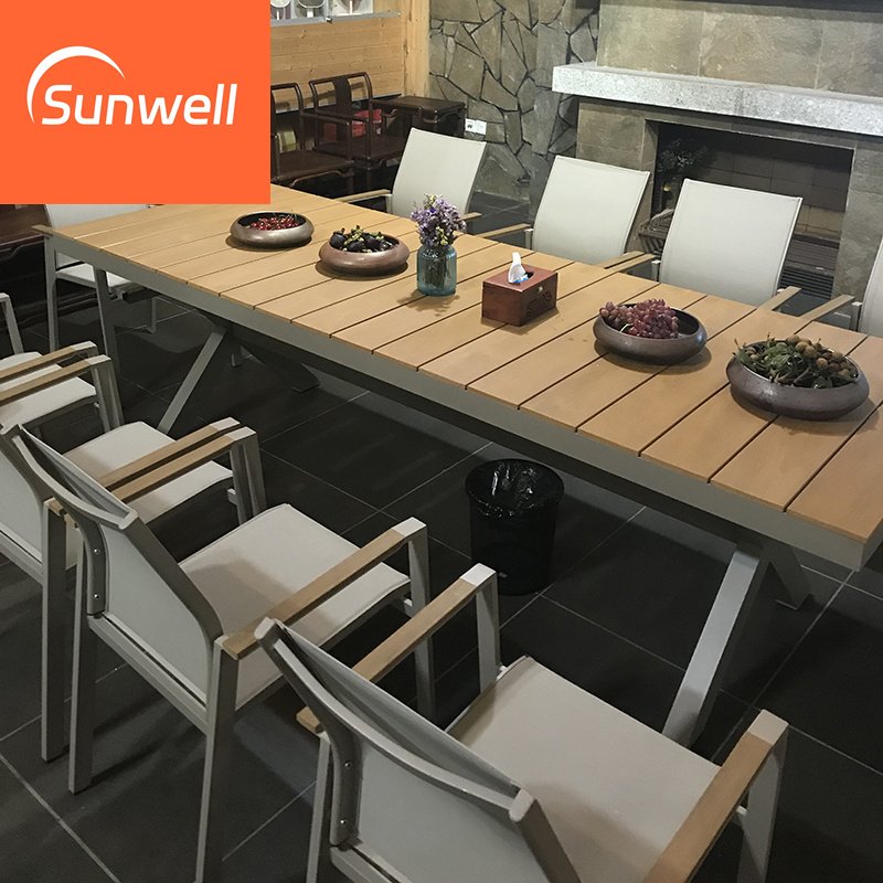 Restaurant Furniture 8 Persons Outdoor Aluminum Garden Sets Waterproof Teak Wood Patio Dining Table And Chairs Set