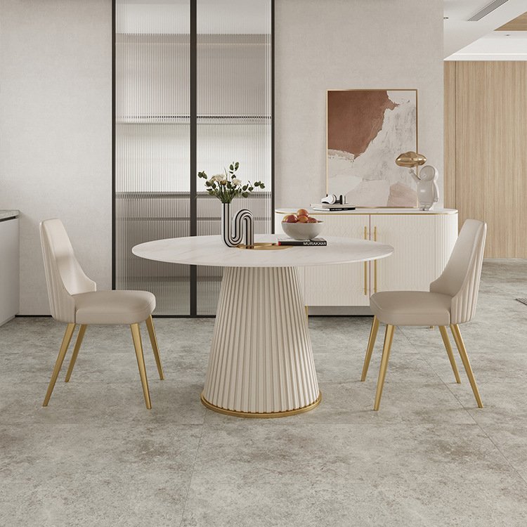 New Nordic Italian Design Leather Stainless Steel Base Round Stone Table Top Royal Marble Dining Table