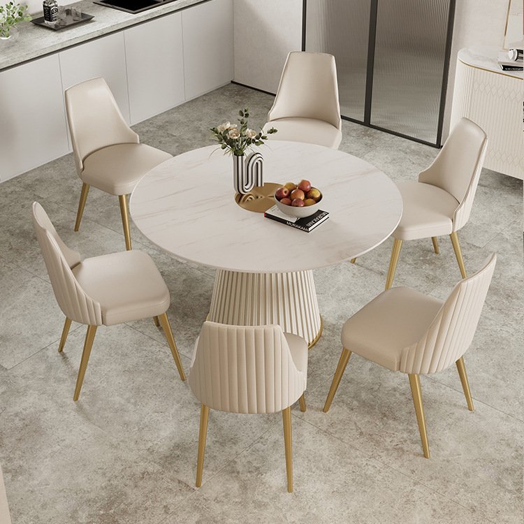 New Nordic Italian Design Leather Stainless Steel Base Round Stone Table Top Royal Marble Dining Table