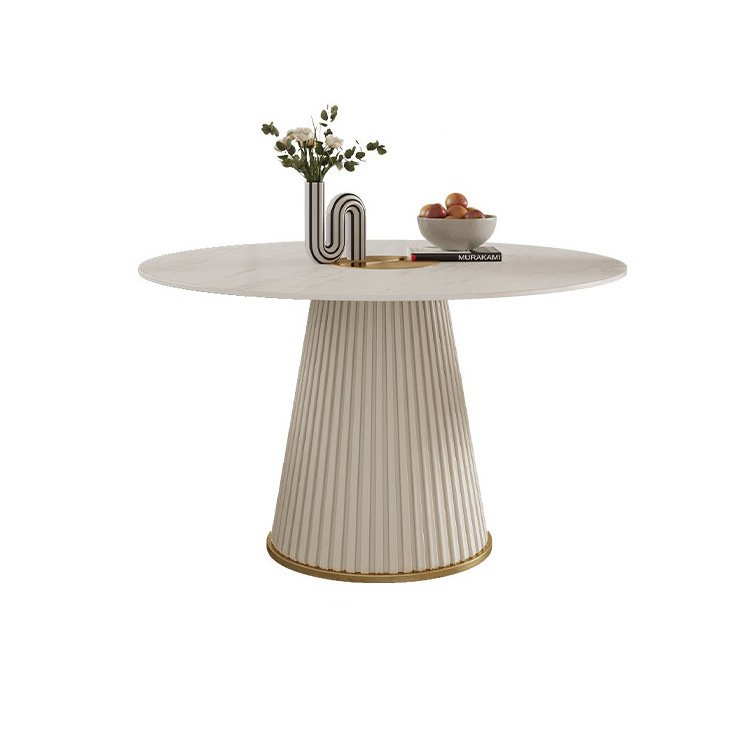 New Nordic Italian Design Leather Stainless Steel Base Round Stone Table Top Royal Marble Dining Table