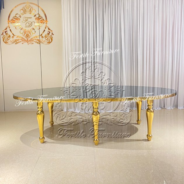 New Model Modern Wedding Event Stainless Steel Frame Mirror Glass Top Oval Shape Dining Table With Chair Set