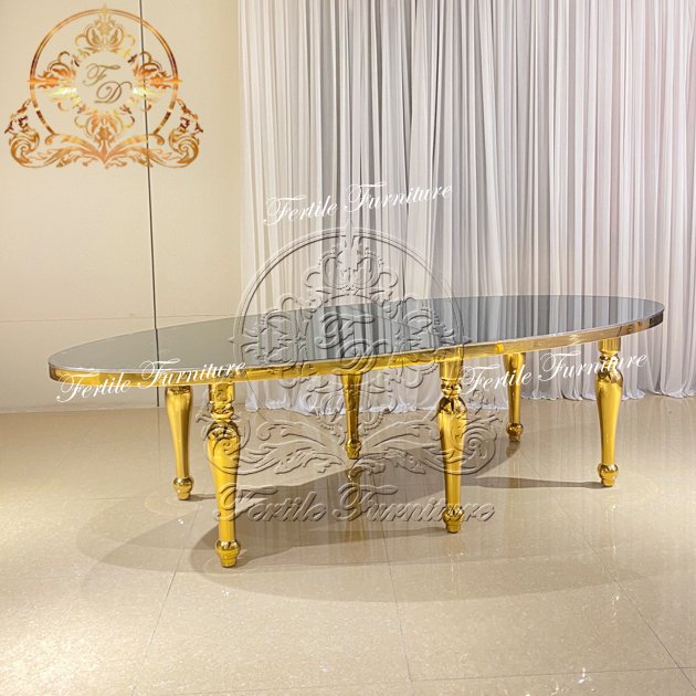 New Model Modern Wedding Event Stainless Steel Frame Mirror Glass Top Oval Shape Dining Table With Chair Set