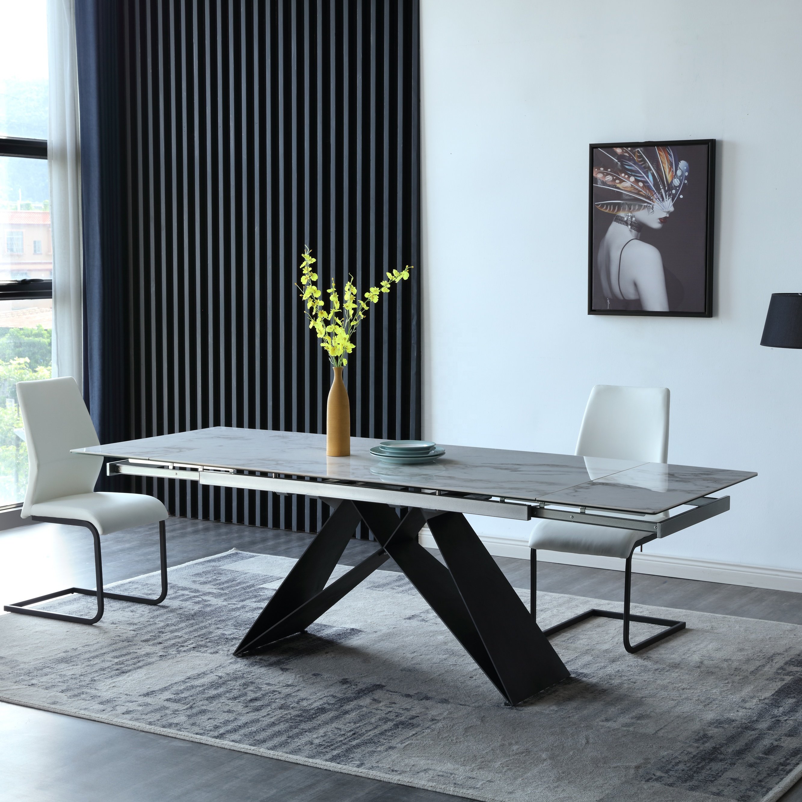 Modern Ceramic Top White Rectangle Dining Table with 4 Chairs Carbon Steel Base 4 People Home Furniture Metal Iron Dining Room