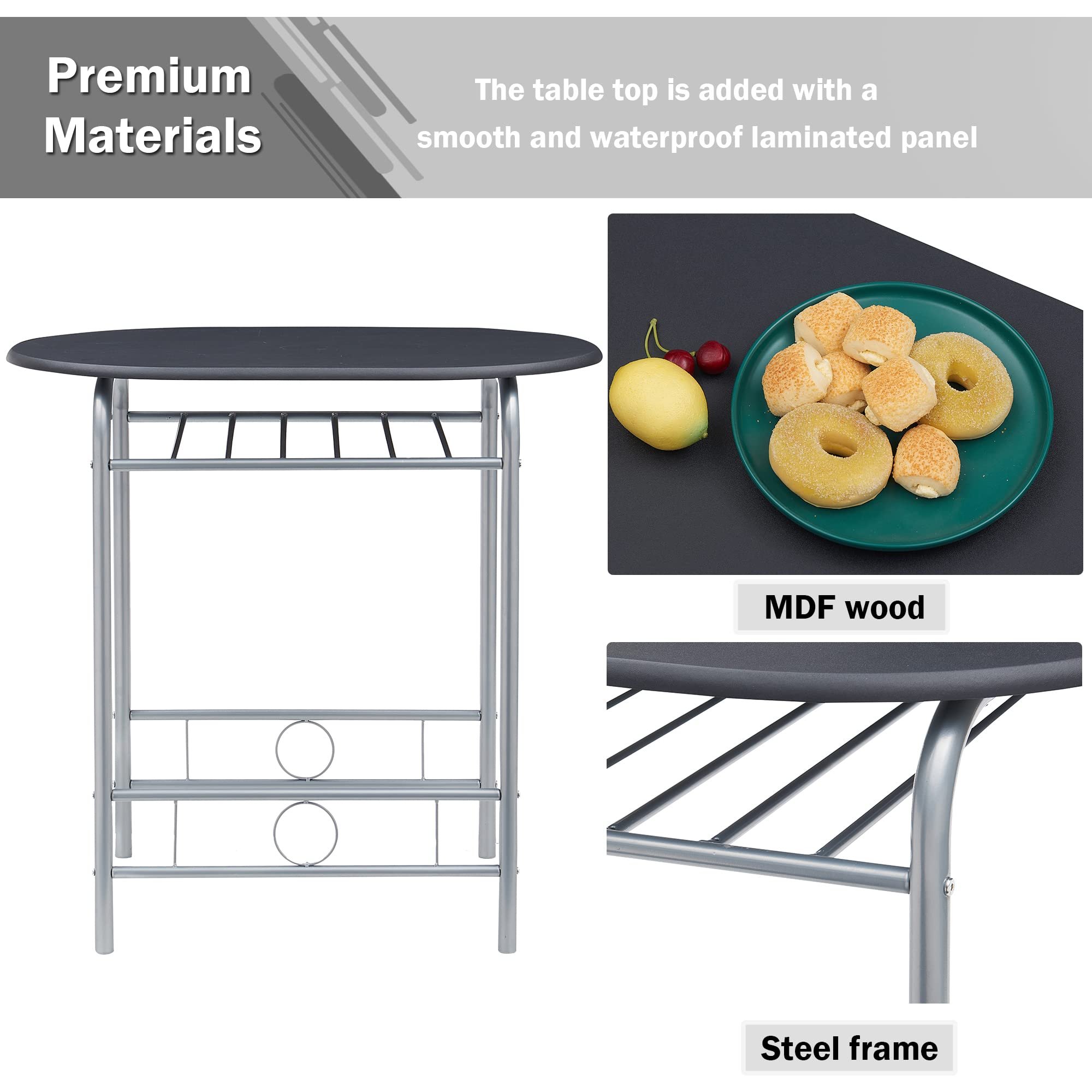 3 Piece Wood Round Table & Chair Set for Dining Room Kitchen Bar Breakfast, with Wine Storage Rack Space Saving, 31.5" Black