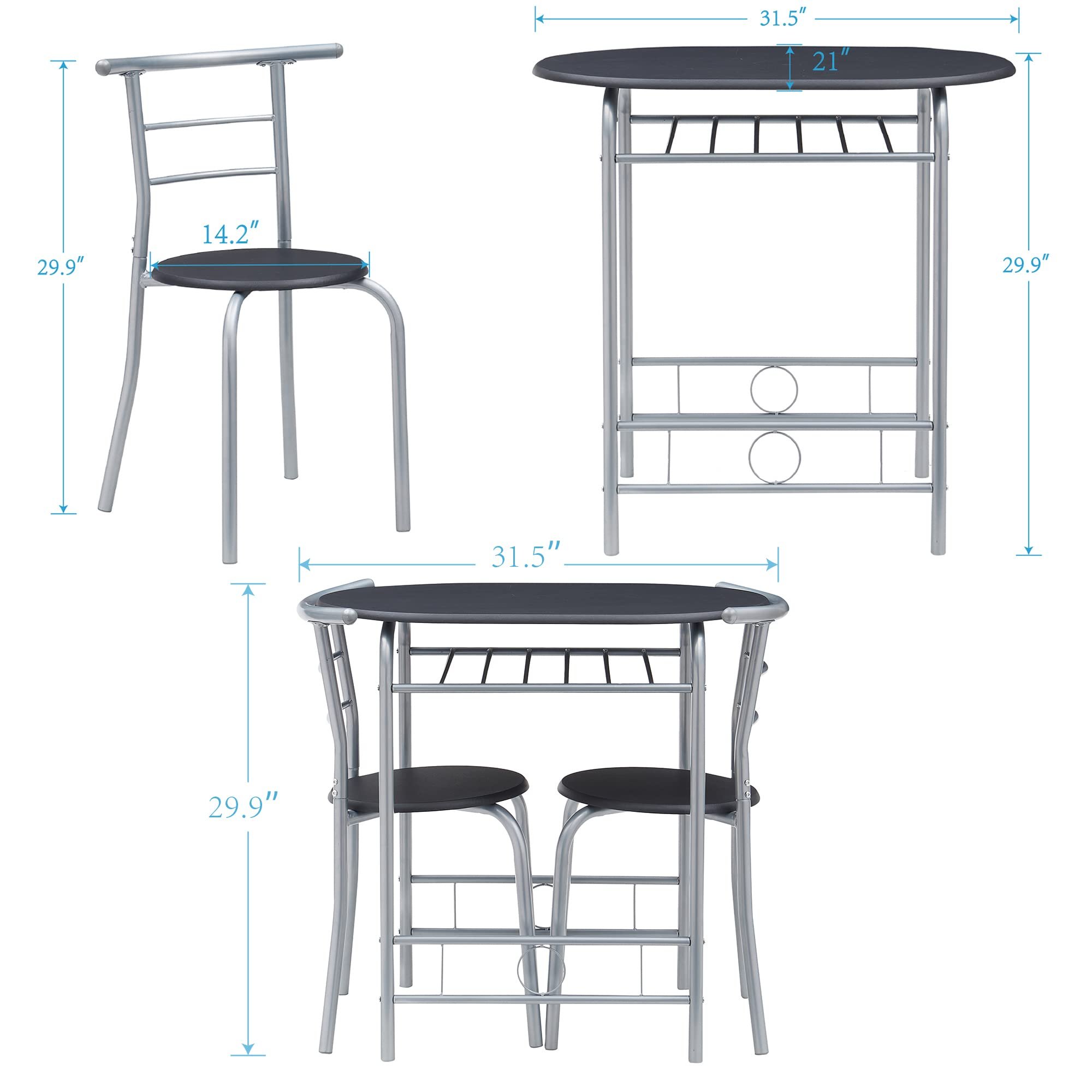 3 Piece Wood Round Table & Chair Set for Dining Room Kitchen Bar Breakfast, with Wine Storage Rack Space Saving, 31.5" Black