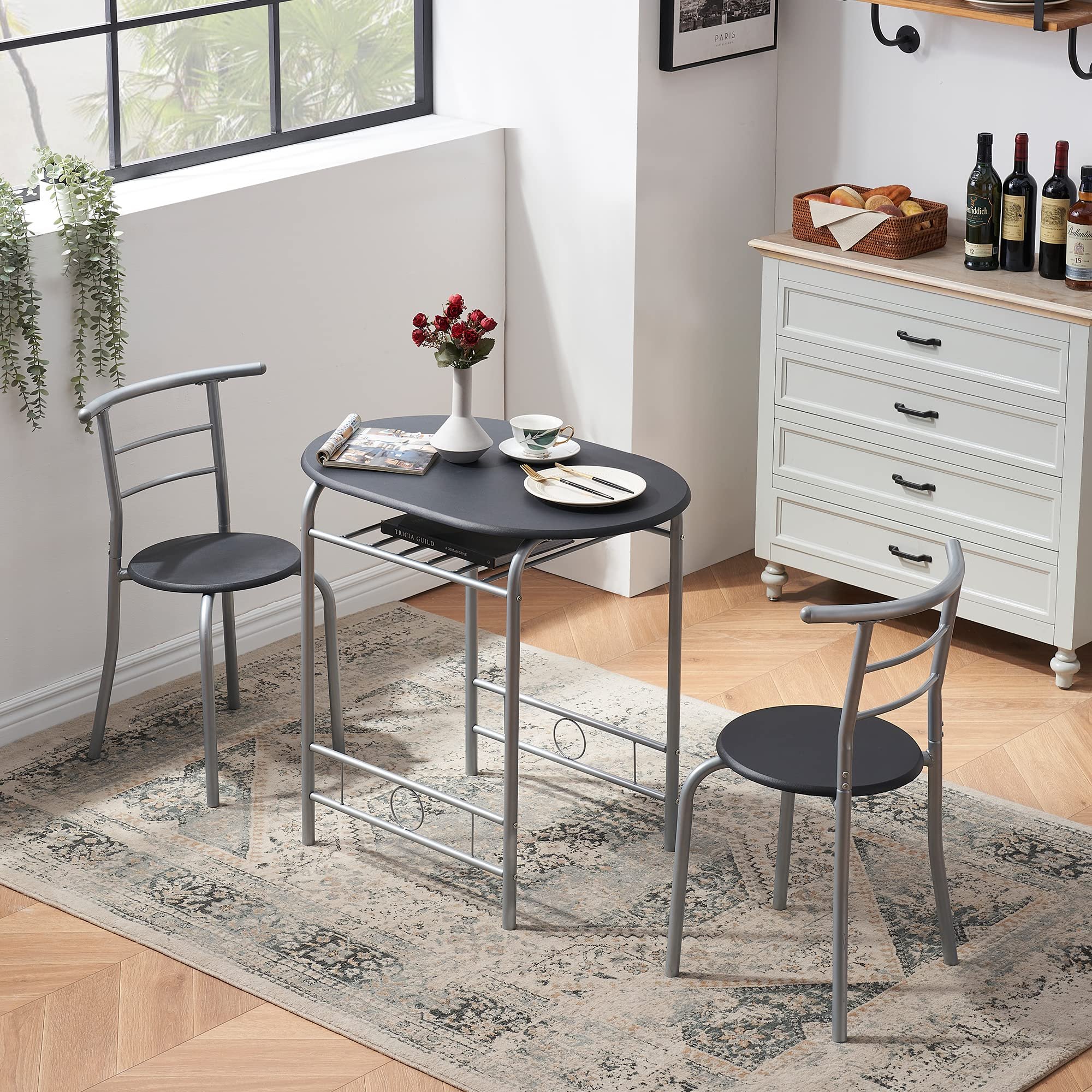 3 Piece Wood Round Table & Chair Set for Dining Room Kitchen Bar Breakfast, with Wine Storage Rack Space Saving, 31.5" Black