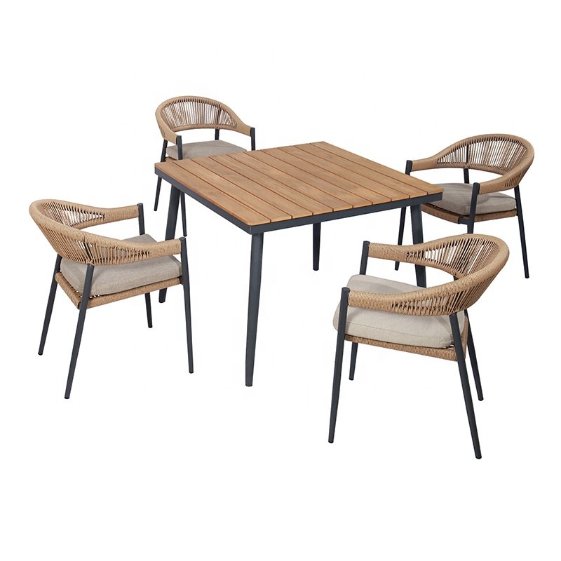 Luxury Stackable Patio 5 Piece Patio Aluminum Dining Set Furniture Outdoor Garden Plastic Wood Table And Rope 4 Seater Chairs
