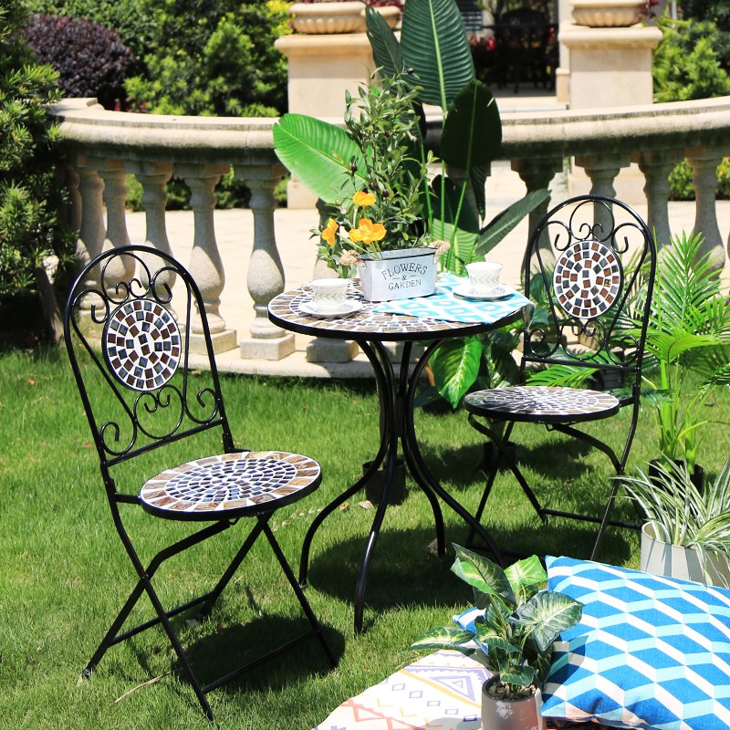 Outdoor Furniture Foldable Iron Metal Patio Bistro Set Mosaic Table And Chair Dining Table Set with 2 Seater