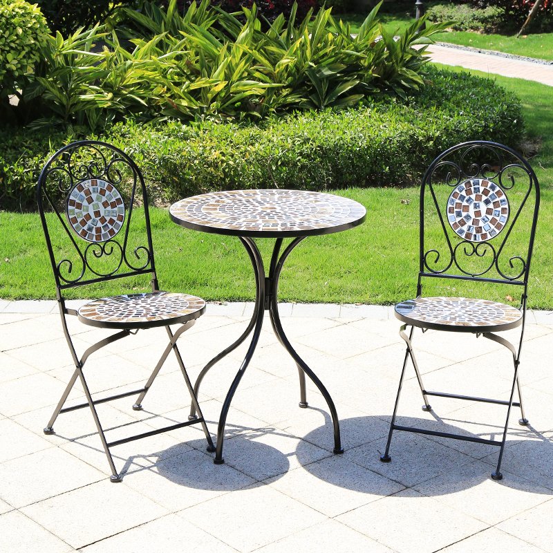 Outdoor Furniture Foldable Iron Metal Patio Bistro Set Mosaic Table And Chair Dining Table Set with 2 Seater