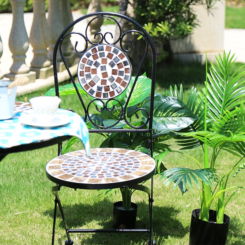 Outdoor Furniture Foldable Iron Metal Patio Bistro Set Mosaic Table And Chair Dining Table Set with 2 Seater