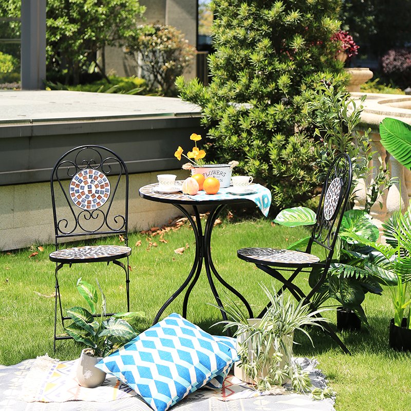 Outdoor Furniture Foldable Iron Metal Patio Bistro Set Mosaic Table And Chair Dining Table Set with 2 Seater