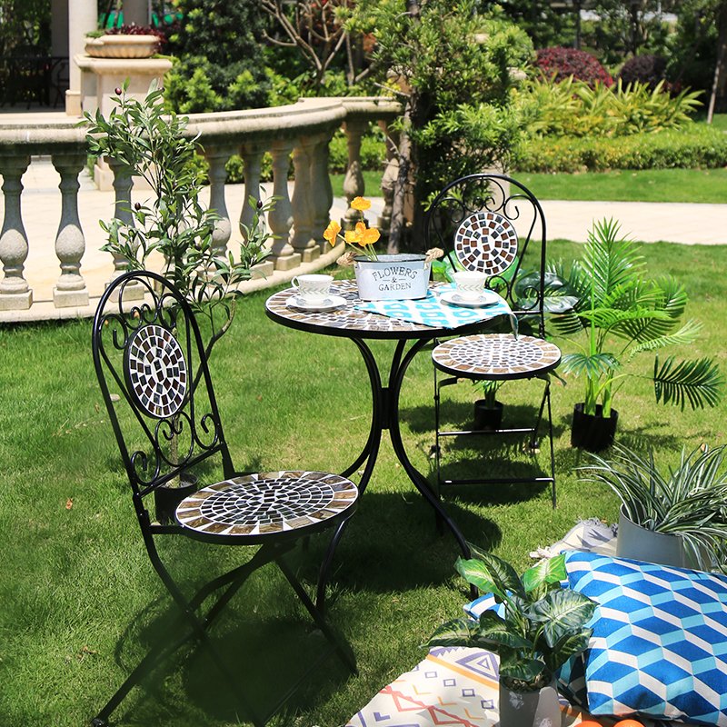 Outdoor Furniture Foldable Iron Metal Patio Bistro Set Mosaic Table And Chair Dining Table Set with 2 Seater