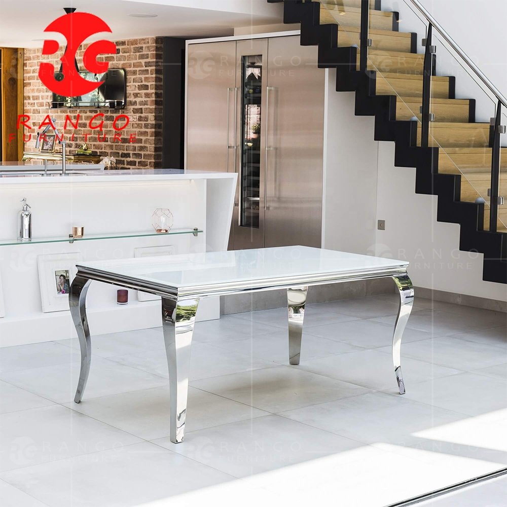 Rectangle glass dining table with reasonable price no rust high quality stainless steel legs ready to ship