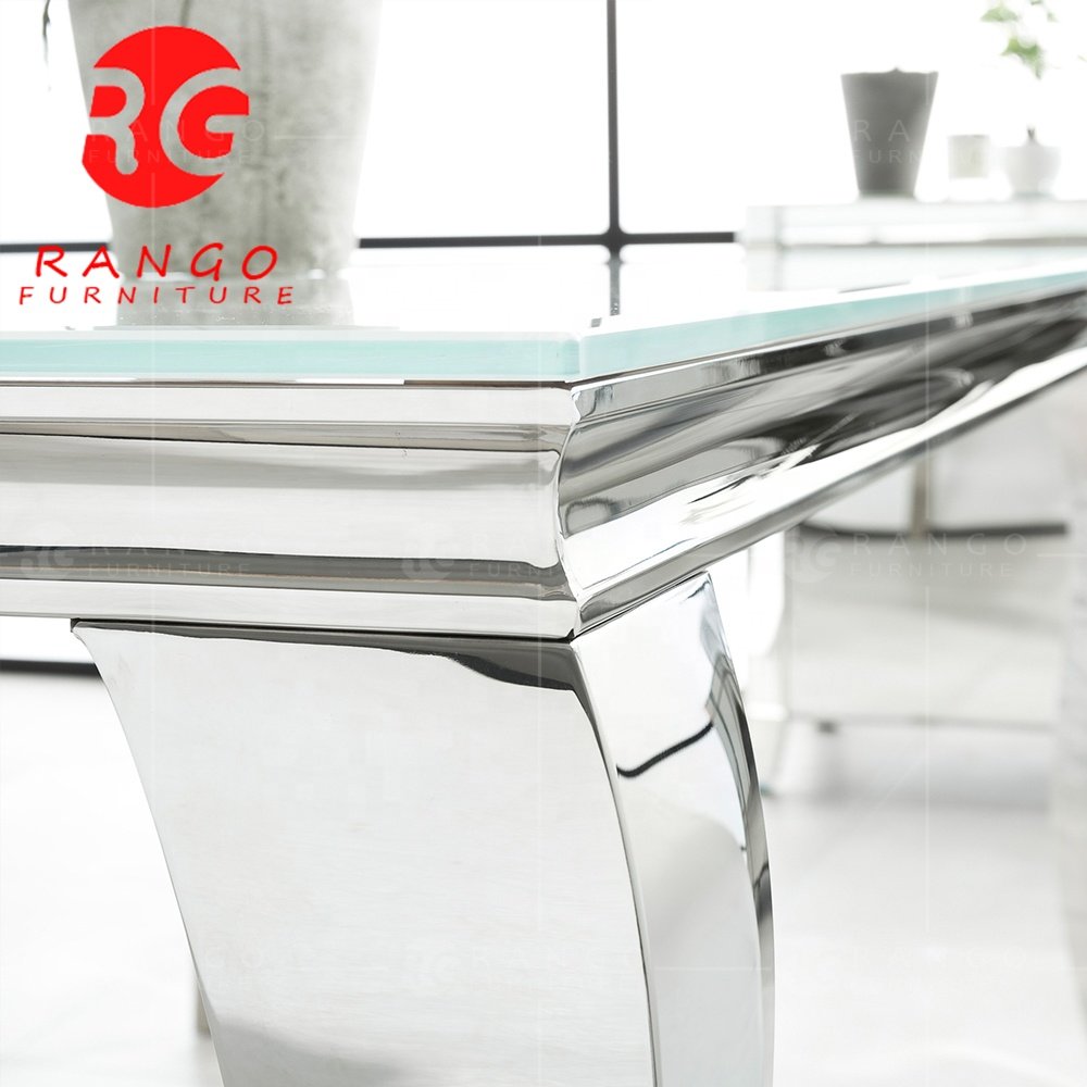 Rectangle glass dining table with reasonable price no rust high quality stainless steel legs ready to ship