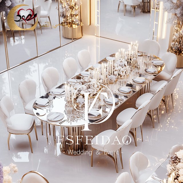 Hotel Furniture Oval Shape Glass Top Gold Stainless Steel Royal Dining Table 8 Seater