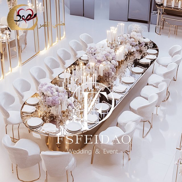 Hotel Furniture Oval Shape Glass Top Gold Stainless Steel Royal Dining Table 8 Seater