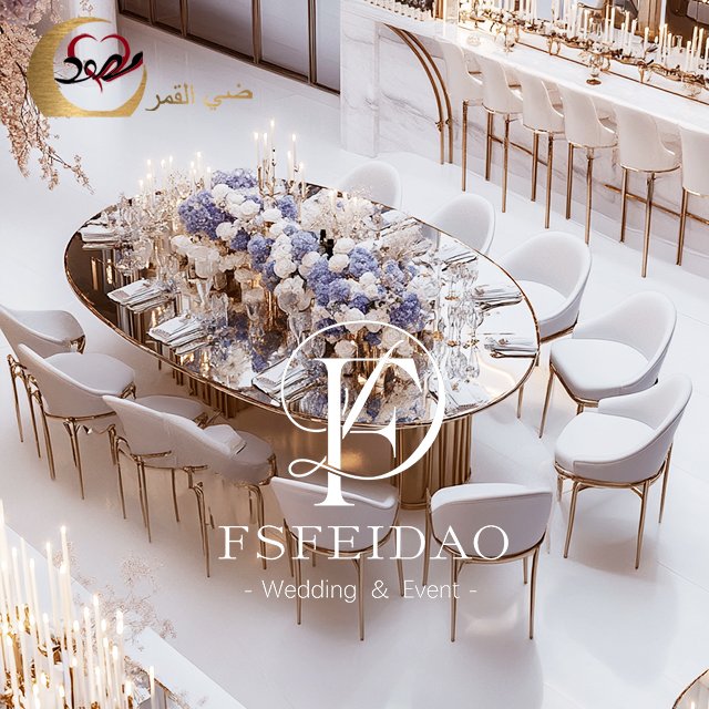 Hotel Furniture Oval Shape Glass Top Gold Stainless Steel Royal Dining Table 8 Seater