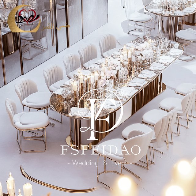 Hotel Furniture Oval Shape Glass Top Gold Stainless Steel Royal Dining Table 8 Seater