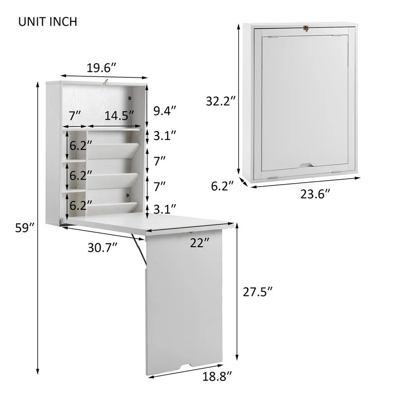Wall-mounted white multifunctional folding table with storage function