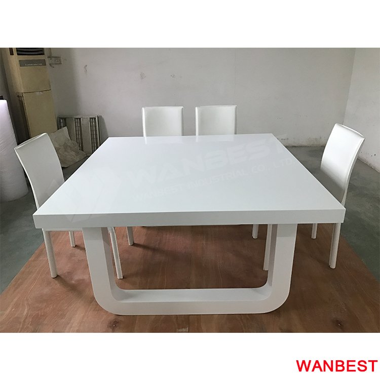 High Quality Glossy White Solid Surface Stone Family Design 6-8 People Square Shape Dining Table