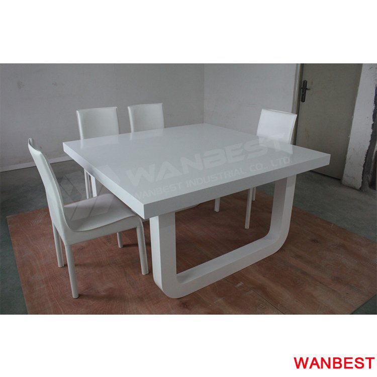 High Quality Glossy White Solid Surface Stone Family Design 6-8 People Square Shape Dining Table
