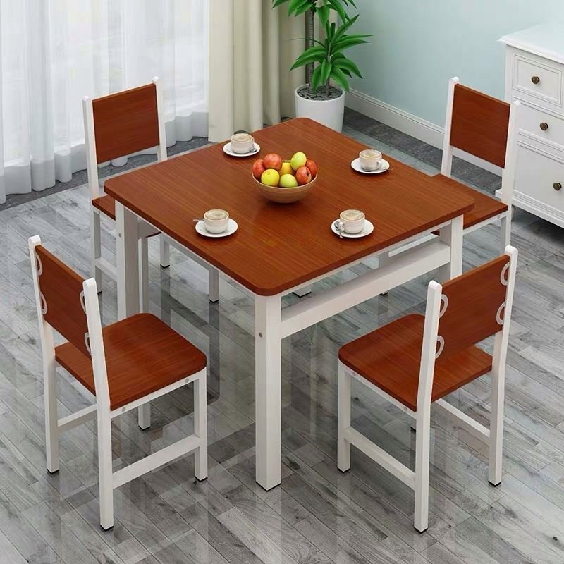 Simple square Iron and stainless steel dining solid wooden table for restaurant