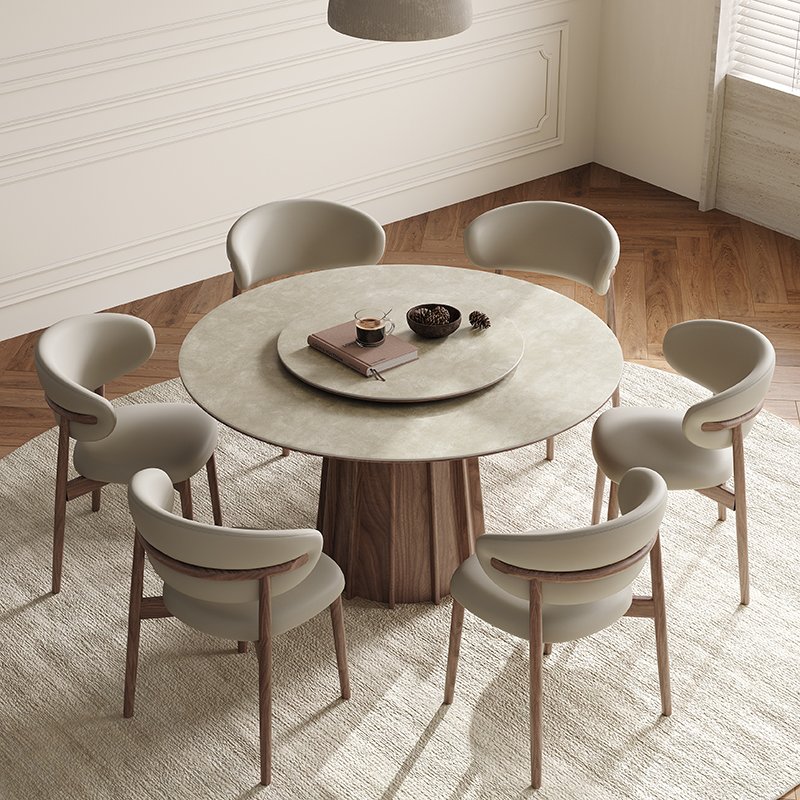 PurelyFeel French ancient style solid wood round table modern wabi-Sabi dining table black walnut wood color rock board table
