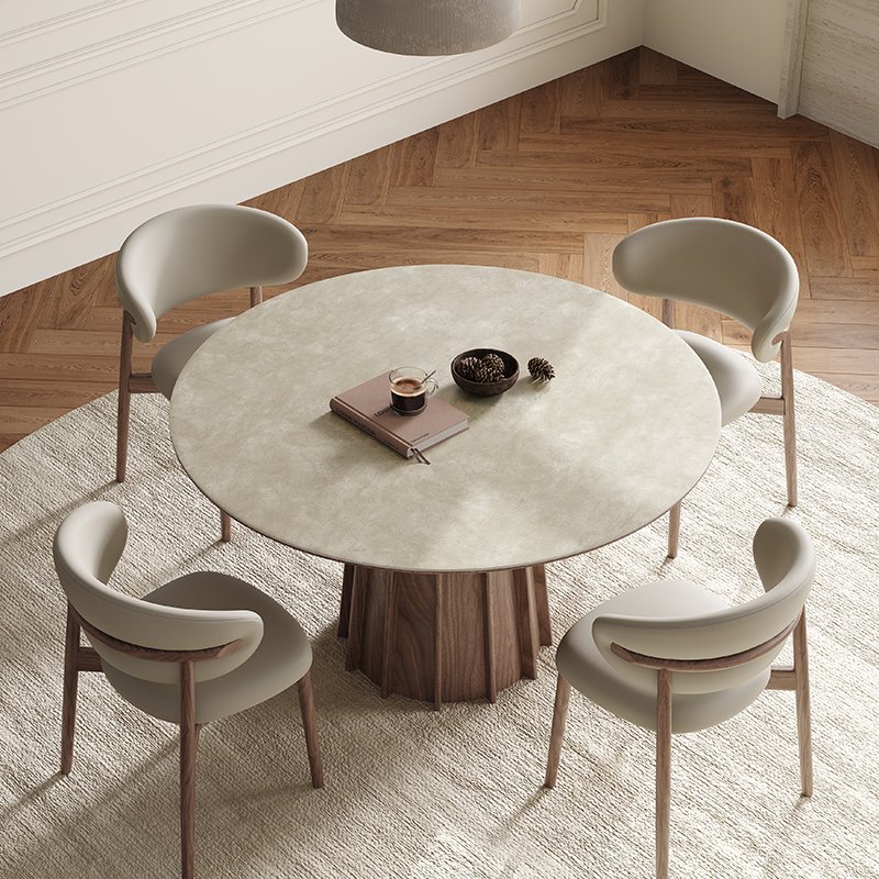 PurelyFeel French ancient style solid wood round table modern wabi-Sabi dining table black walnut wood color rock board table