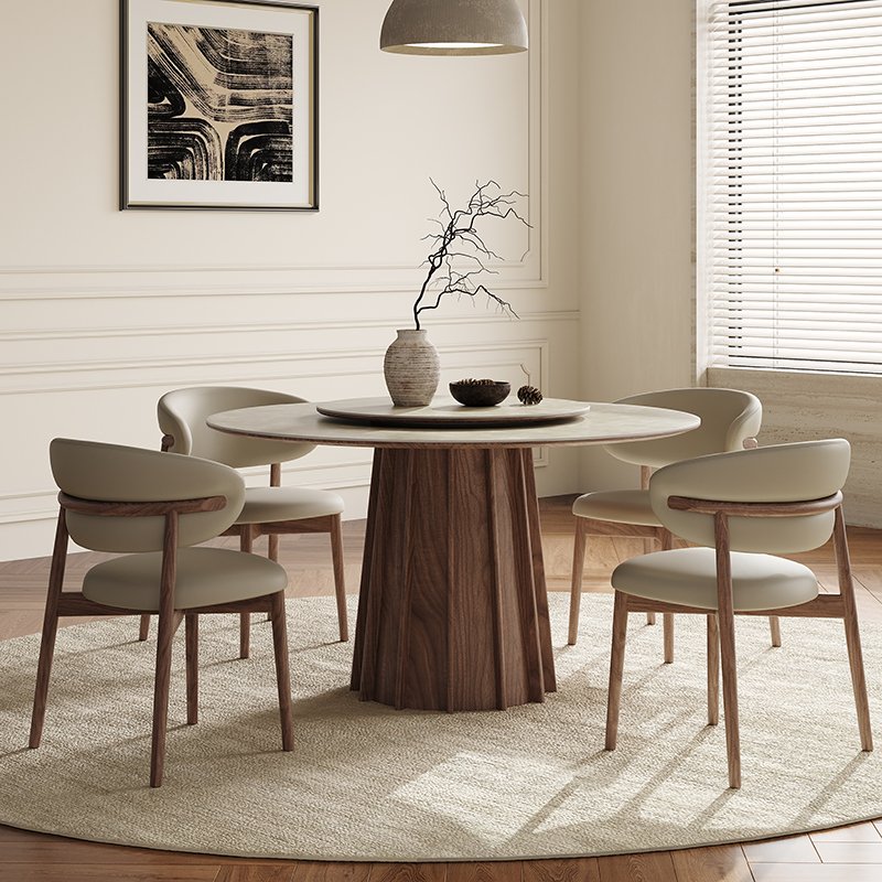 PurelyFeel French ancient style solid wood round table modern wabi-Sabi dining table black walnut wood color rock board table