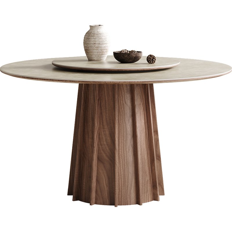 PurelyFeel French ancient style solid wood round table modern wabi-Sabi dining table black walnut wood color rock board table