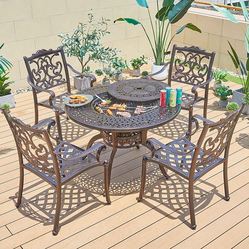 Durable Casting BBQ Fire Pit Round Table Set Furniture Outdoor Restaurant Aluminum Tables and Chairs
