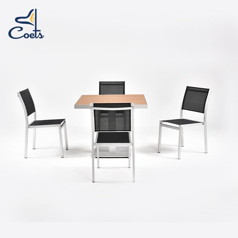 Coets Brushed aluminum Frame plastic wood top Round outdoor restaurant table outdoor furniture Teak outdoor table and chair set