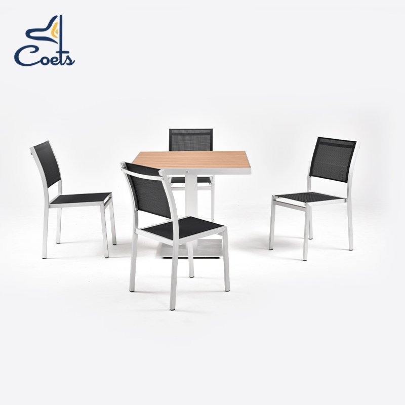 Coets Brushed aluminum Frame plastic wood top Round outdoor restaurant table outdoor furniture Teak outdoor table and chair set