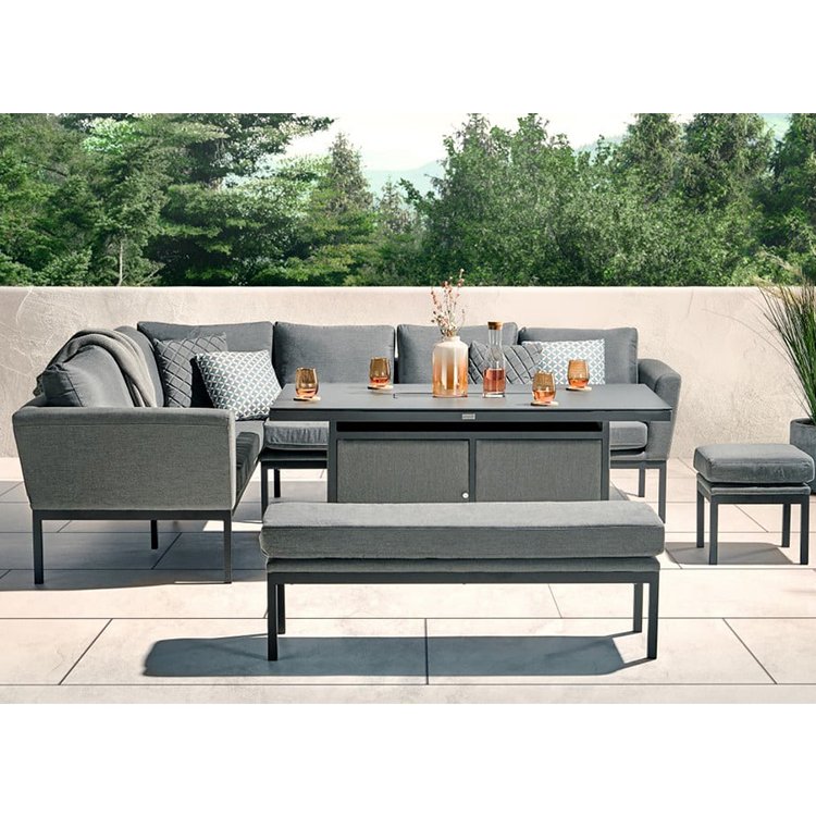 AJUNION Luxury Outdoor Fabric Patio Furniture Corner Sofa Set Garden Furniture Dining Set with Firepit Table