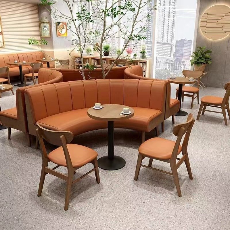 Commercial Dining tables and chairs furniture Genuine Leather U Shape Booth Bench Seating Solid Wood Restaurant furniture Sets