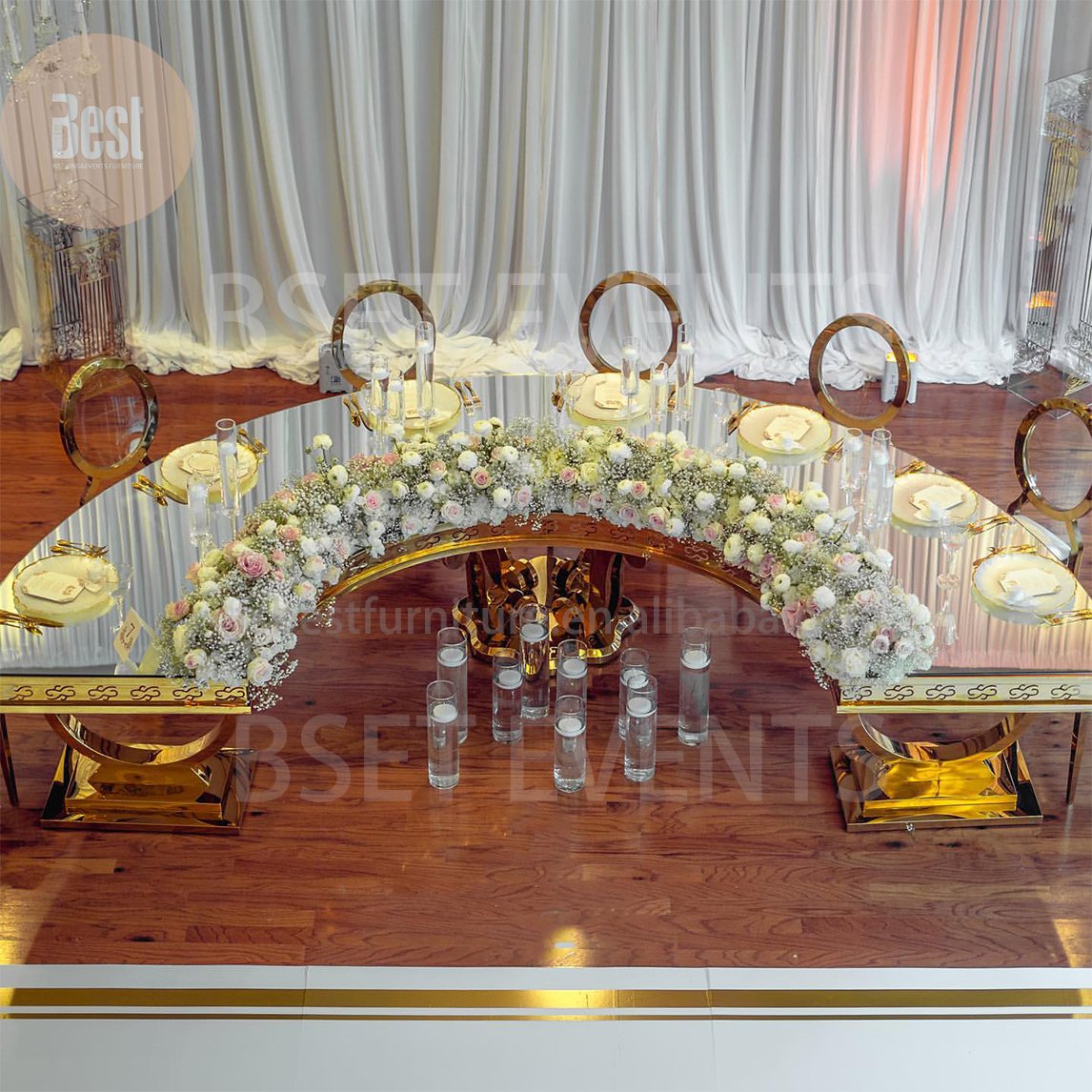 Modern Event Half Moon S Shape Table Round Serpentine Wedding Stainless Steel White Top 1 Piece Luxury Dining Table For Event