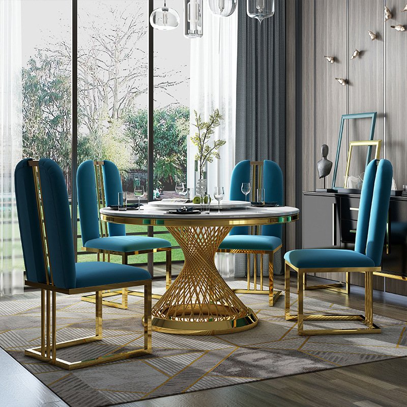 Luxury round marble stainless steel dining table set 4/6 chairs for home restaurant dining room furniture