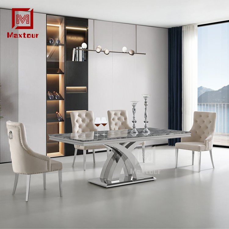 High quality luxury strong stainless steel base and marble top rectangle dining table set