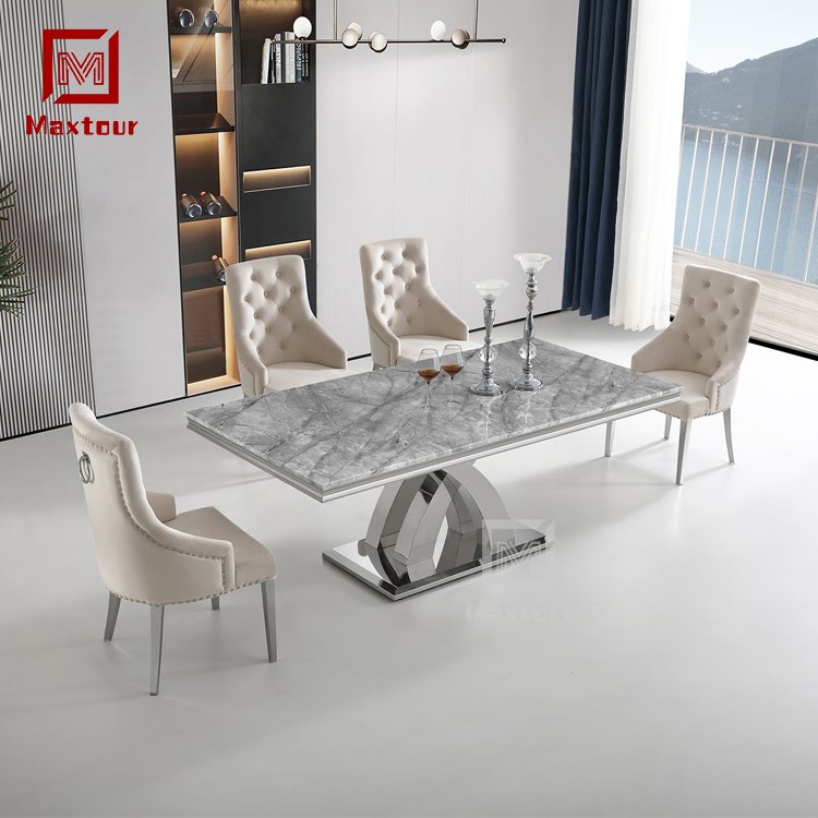 High quality luxury strong stainless steel base and marble top rectangle dining table set